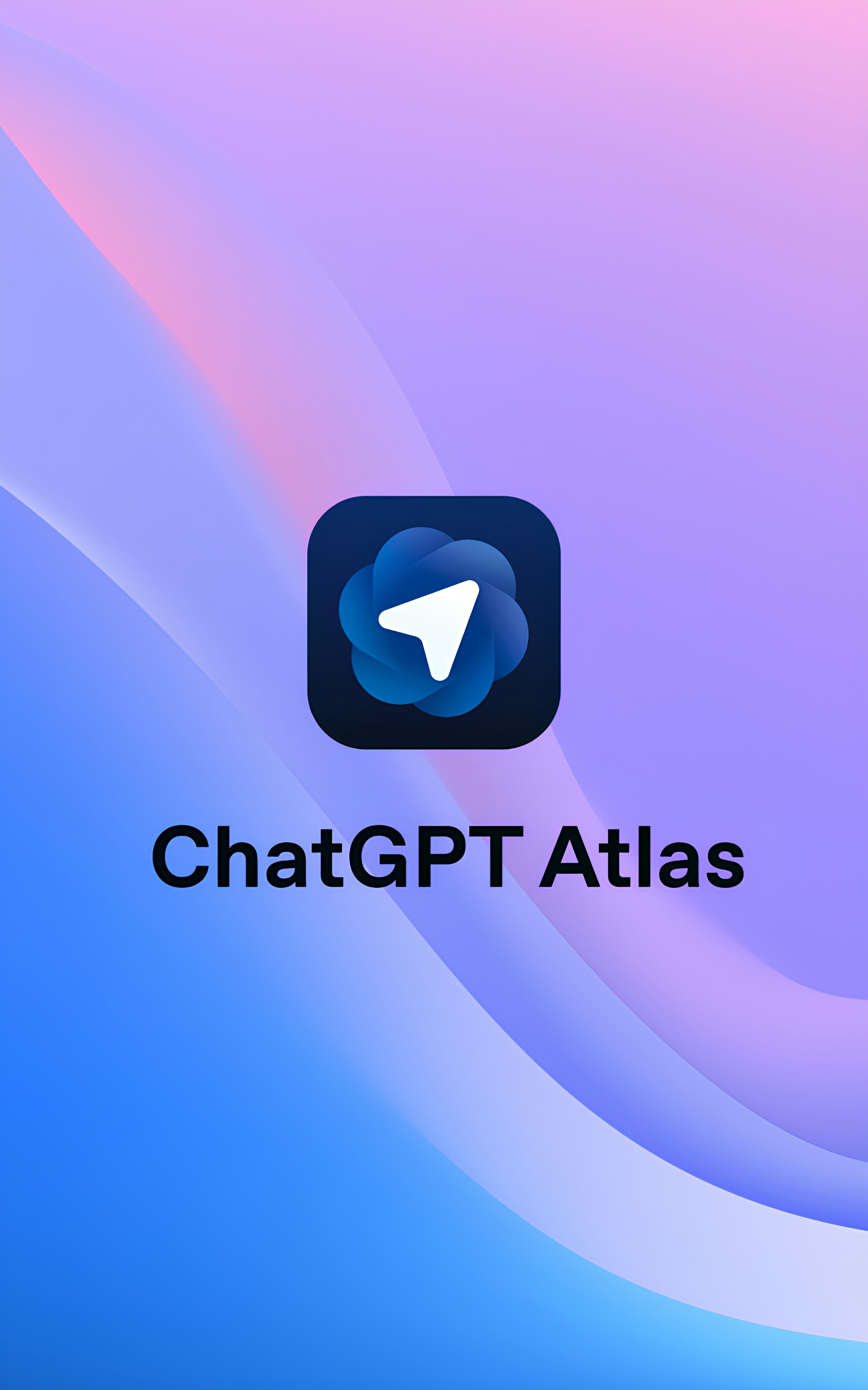 ChatGPT Atlas logo displayed on a massive cinema screen with vibrant purple and blue gradient background. The sleek presentation features the iconic messenger-style icon in a movie theater setting with rows of purple seats. Perfect representation of AI technology, digital innovation, and modern presentation design showcasing artificial intelligence branding in an immersive entertainment environment.